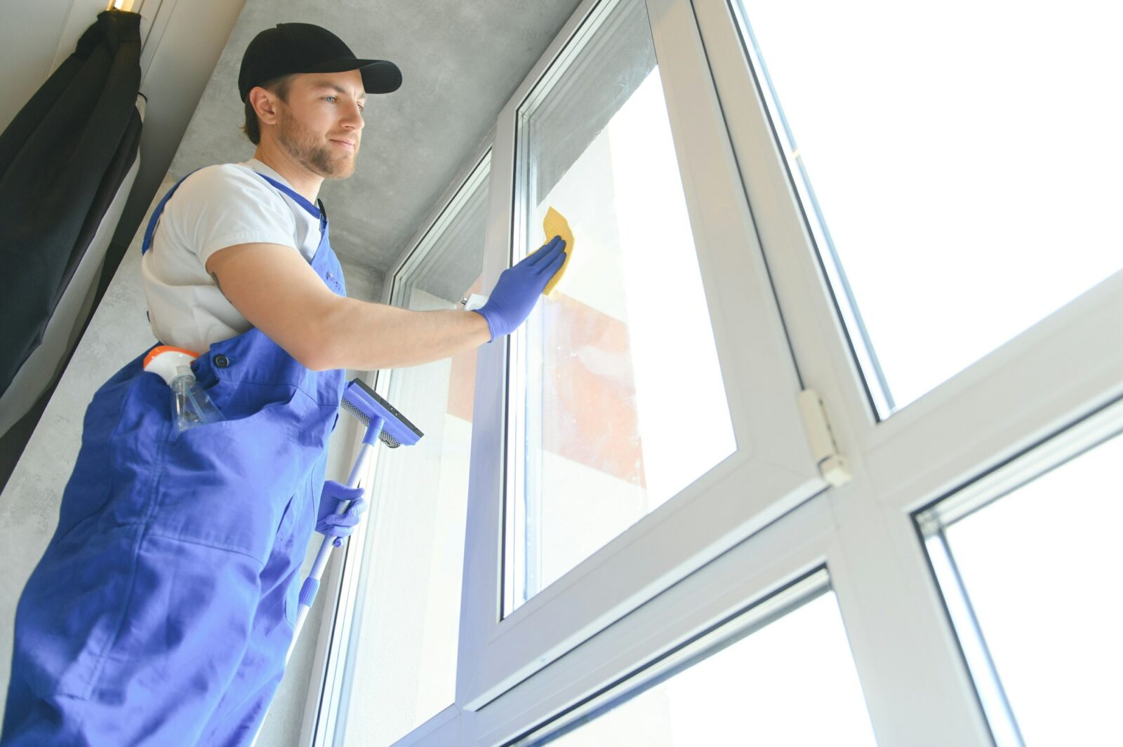 Male professional cleaning service worker in overalls cleans the windows.